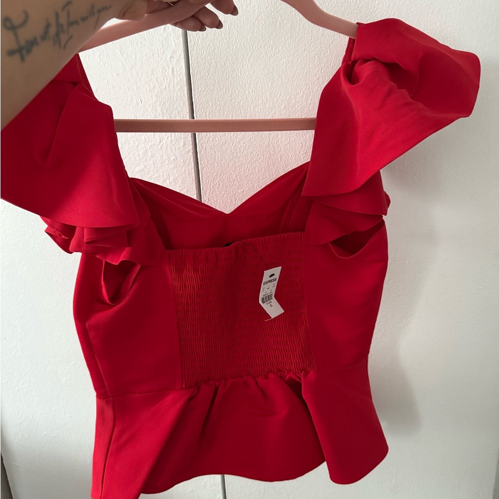 Express Vibrant Red Ruffle Blouse - Picture 4 of 5